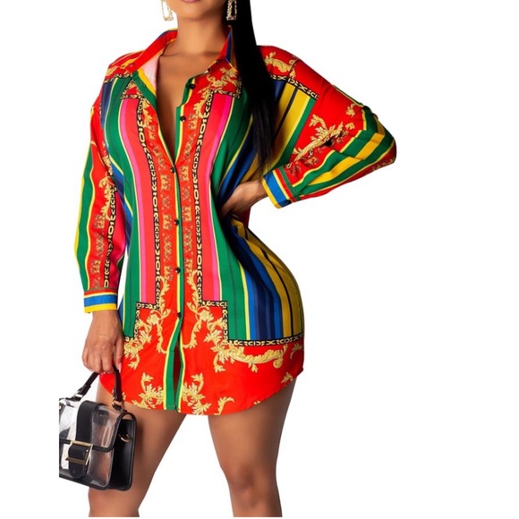 Long Sleeve Oversized Red Loose Tunic Shirt Dress - Picture 3 of 8